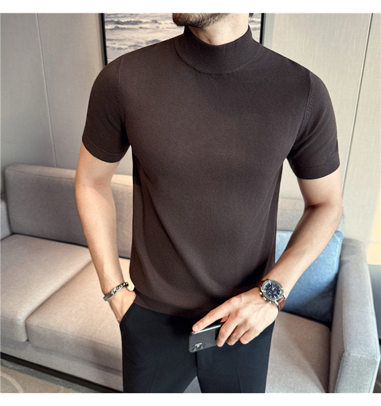 Tiktok Taobao Dropshipping Men's Short-Sleeve Knitwear, Fashionable Versatile Half-Turtleneck Slim-Fit Half-Sleeve Sweater Base Shirt