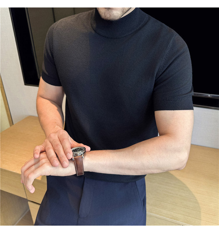 Tiktok Taobao Dropshipping Men's Short-Sleeve Knitwear, Fashionable Versatile Half-Turtleneck Slim-Fit Half-Sleeve Sweater Base Shirt