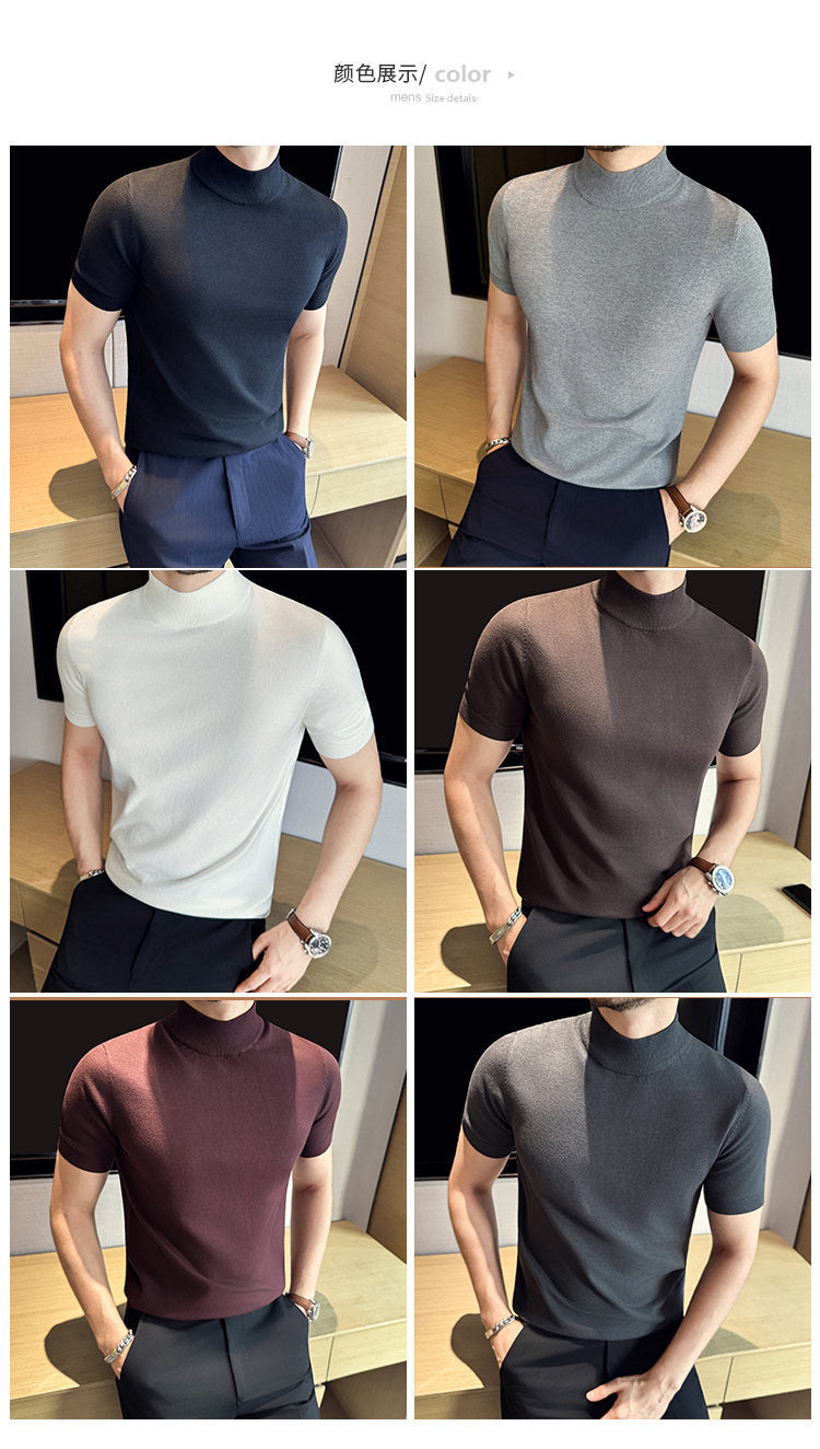 Tiktok Taobao Dropshipping Men's Short-Sleeve Knitwear, Fashionable Versatile Half-Turtleneck Slim-Fit Half-Sleeve Sweater Base Shirt