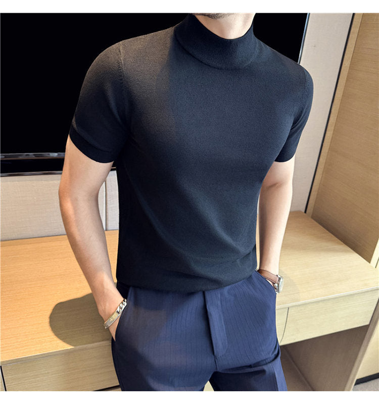 Tiktok Taobao Dropshipping Men's Short-Sleeve Knitwear, Fashionable Versatile Half-Turtleneck Slim-Fit Half-Sleeve Sweater Base Shirt