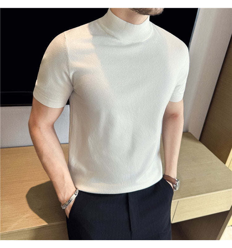 Tiktok Taobao Dropshipping Men's Short-Sleeve Knitwear, Fashionable Versatile Half-Turtleneck Slim-Fit Half-Sleeve Sweater Base Shirt