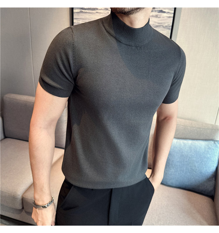 Tiktok Taobao Dropshipping Men's Short-Sleeve Knitwear, Fashionable Versatile Half-Turtleneck Slim-Fit Half-Sleeve Sweater Base Shirt