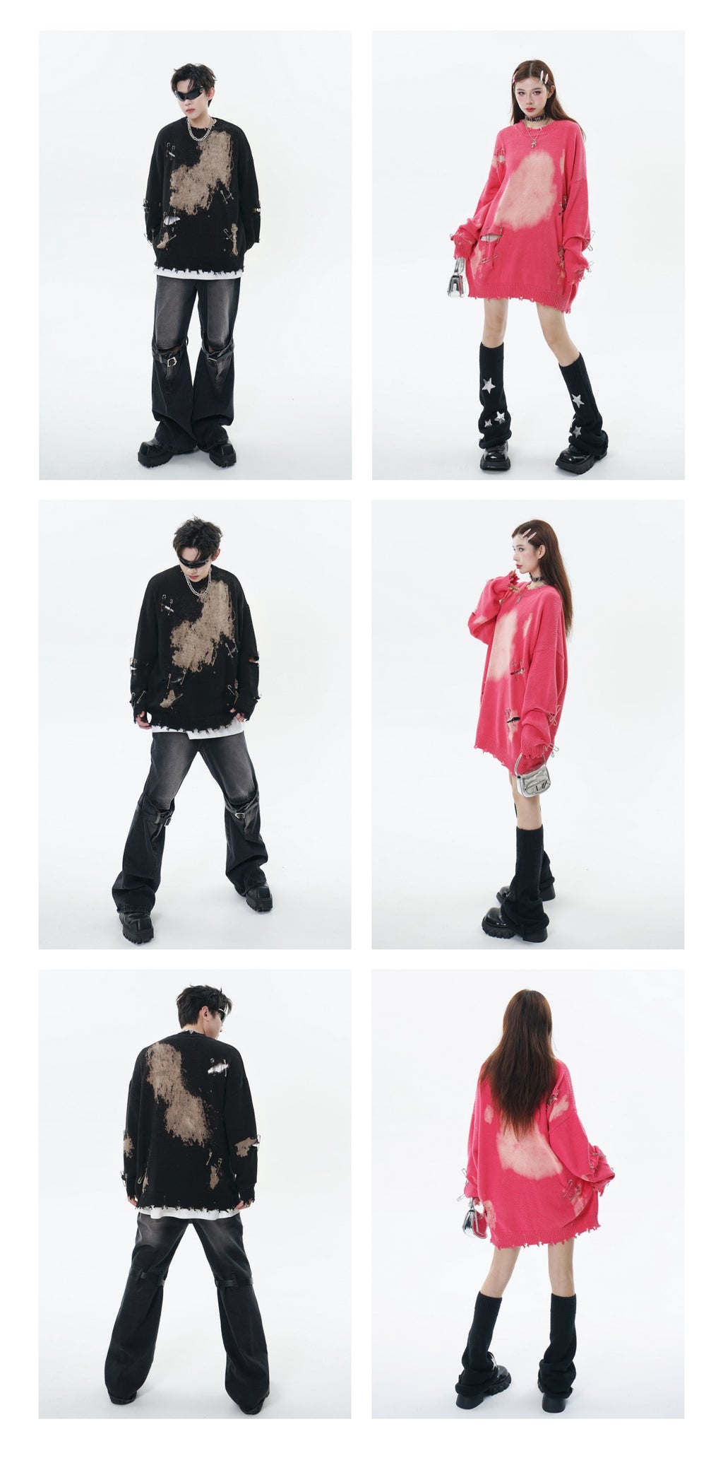 TIDE CARD LOG | Autumn and winter high street fashionable design faded pin ripped couple round neck loose sweater