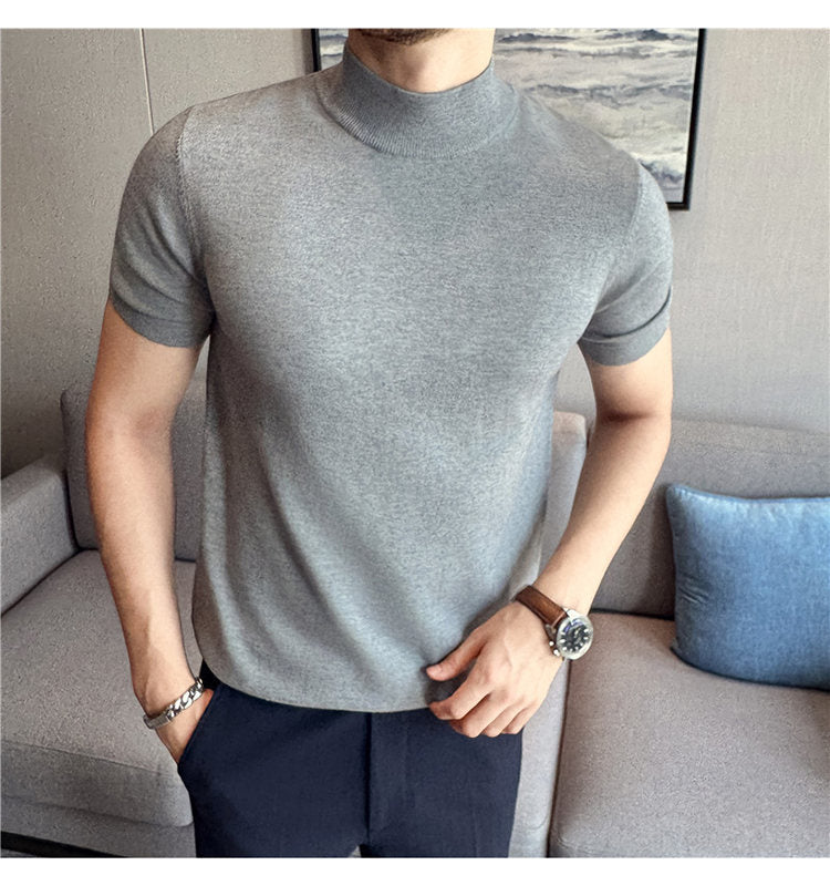 Tiktok Taobao Dropshipping Men's Short-Sleeve Knitwear, Fashionable Versatile Half-Turtleneck Slim-Fit Half-Sleeve Sweater Base Shirt
