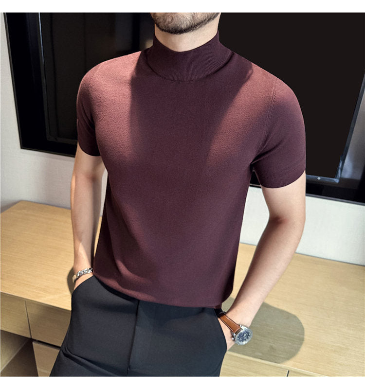 Tiktok Taobao Dropshipping Men's Short-Sleeve Knitwear, Fashionable Versatile Half-Turtleneck Slim-Fit Half-Sleeve Sweater Base Shirt
