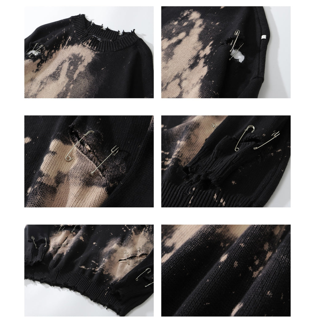 TIDE CARD LOG | Autumn and winter high street fashionable design faded pin ripped couple round neck loose sweater