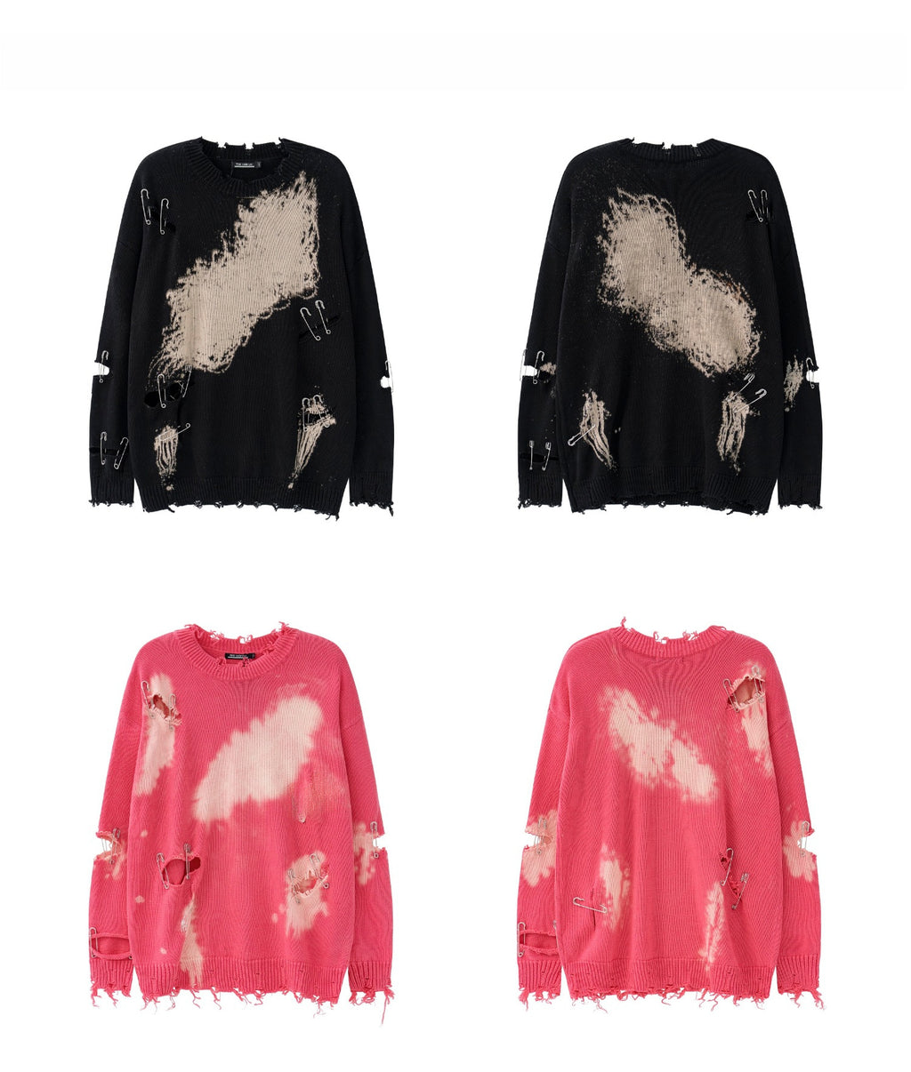 TIDE CARD LOG | Autumn and winter high street fashionable design faded pin ripped couple round neck loose sweater