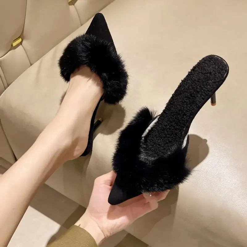 2024 Spring Faux Fur Mules Slippers Women Pointed Toe Slip-On Thin Heels Sandals Woman Short Plush Lined Closed Toe Slides Shoes