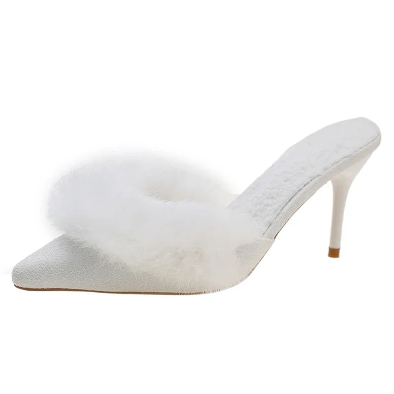 2024 Spring Faux Fur Mules Slippers Women Pointed Toe Slip-On Thin Heels Sandals Woman Short Plush Lined Closed Toe Slides Shoes