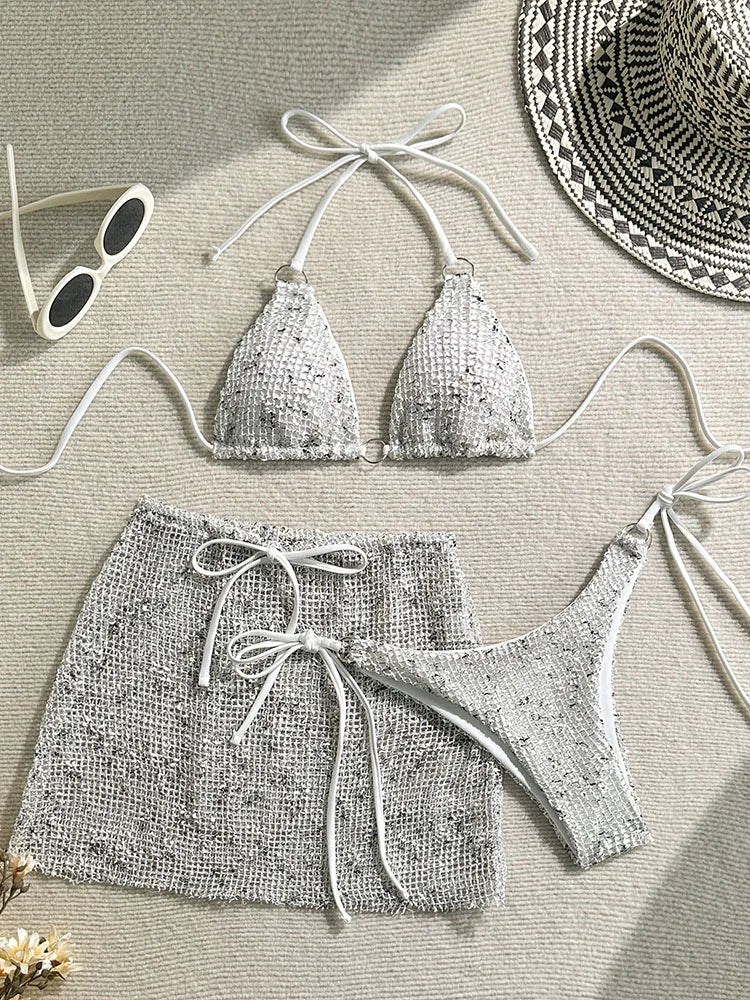 Circyy Swimsuit Women Women Neck-mounted Backless Split Swimsuit Mesh Three-piece Cover-Ups Wrap Skirt Lace Up Thong Summer 2025