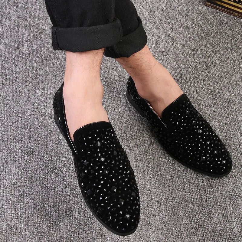 Black Luxury Men Dress Shoes Designer Spikes Loafers Shoes Denim Metal Sequins Footwear High Quality Casual Men Leather Shoes