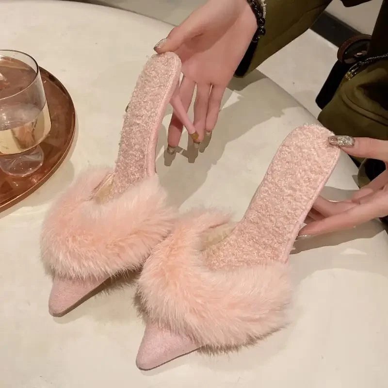 2024 Spring Faux Fur Mules Slippers Women Pointed Toe Slip-On Thin Heels Sandals Woman Short Plush Lined Closed Toe Slides Shoes