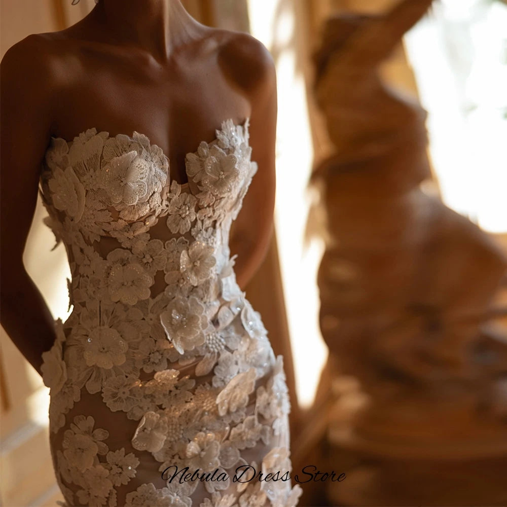 Charming Handmade Flowers and Pearls Robe de mariée Elegant Mermaid Sleeveless Wedding Dress Classic Tulle Sequined Bridal Gowns