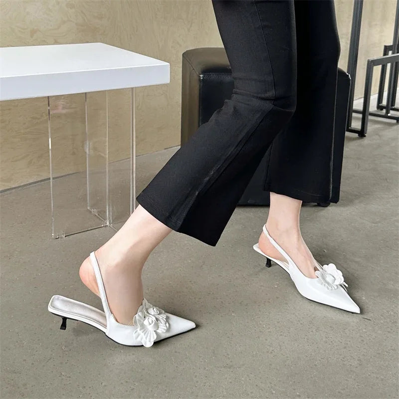 Eilyken Fashion Sexy Flower Pointed Toe Thin Low Heels Pumps Women Elegant Wedding Slingback Mules Shoes Zapatos De Mujer