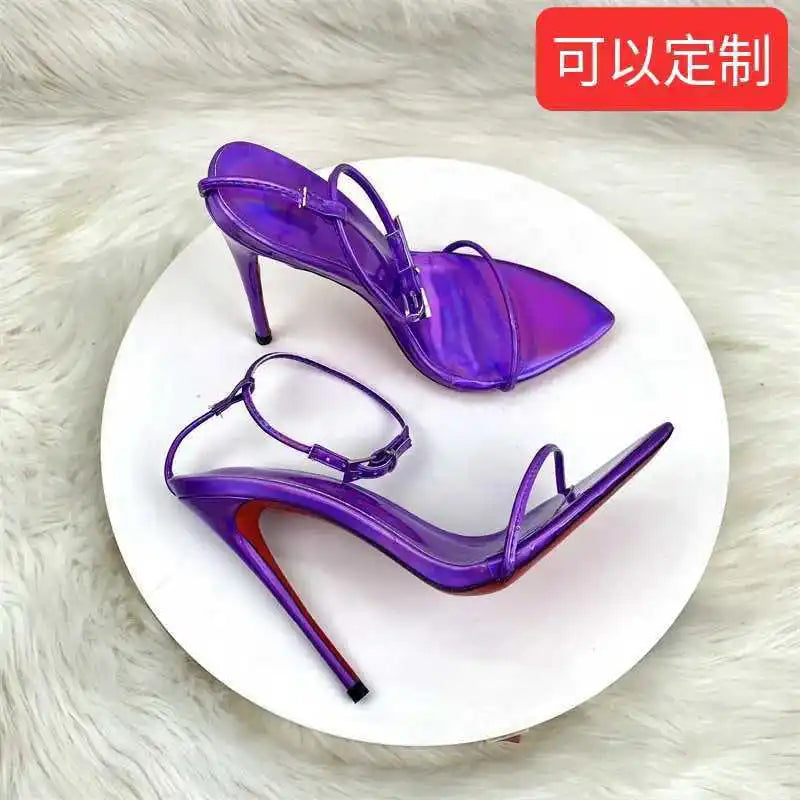 2025 Summer New Laser Purple Fashion Ultra fine One line Buckle with Thin Heels Sandals Sexy Fashion Large Size