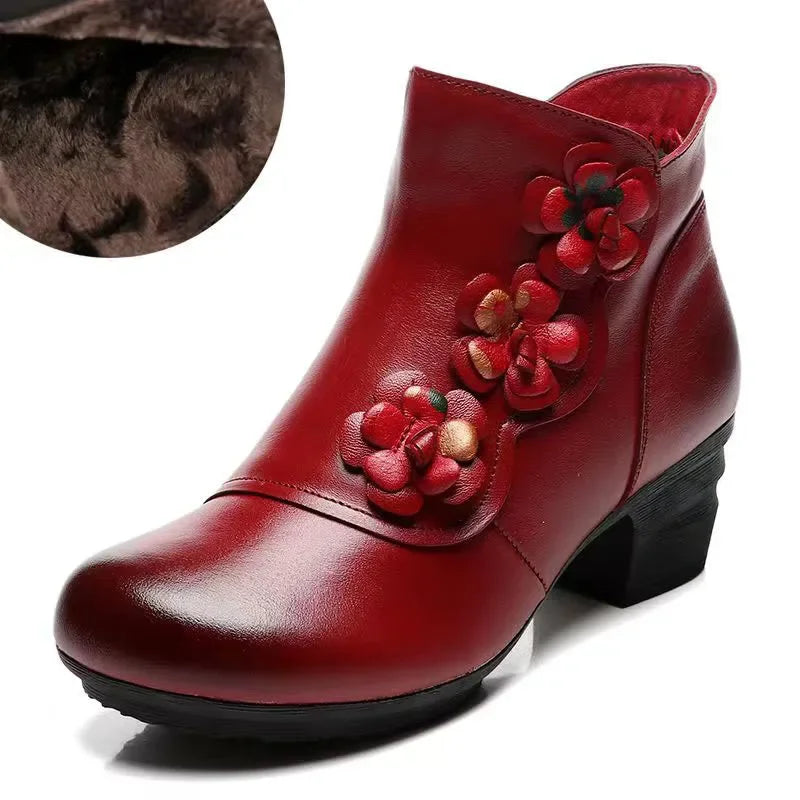 YAERNI Autumn Winter Shoes Woman Cow Leather Flower Shoes Comfort Med Heel Ankle Boots Genuine Leather Fashion Shoes women