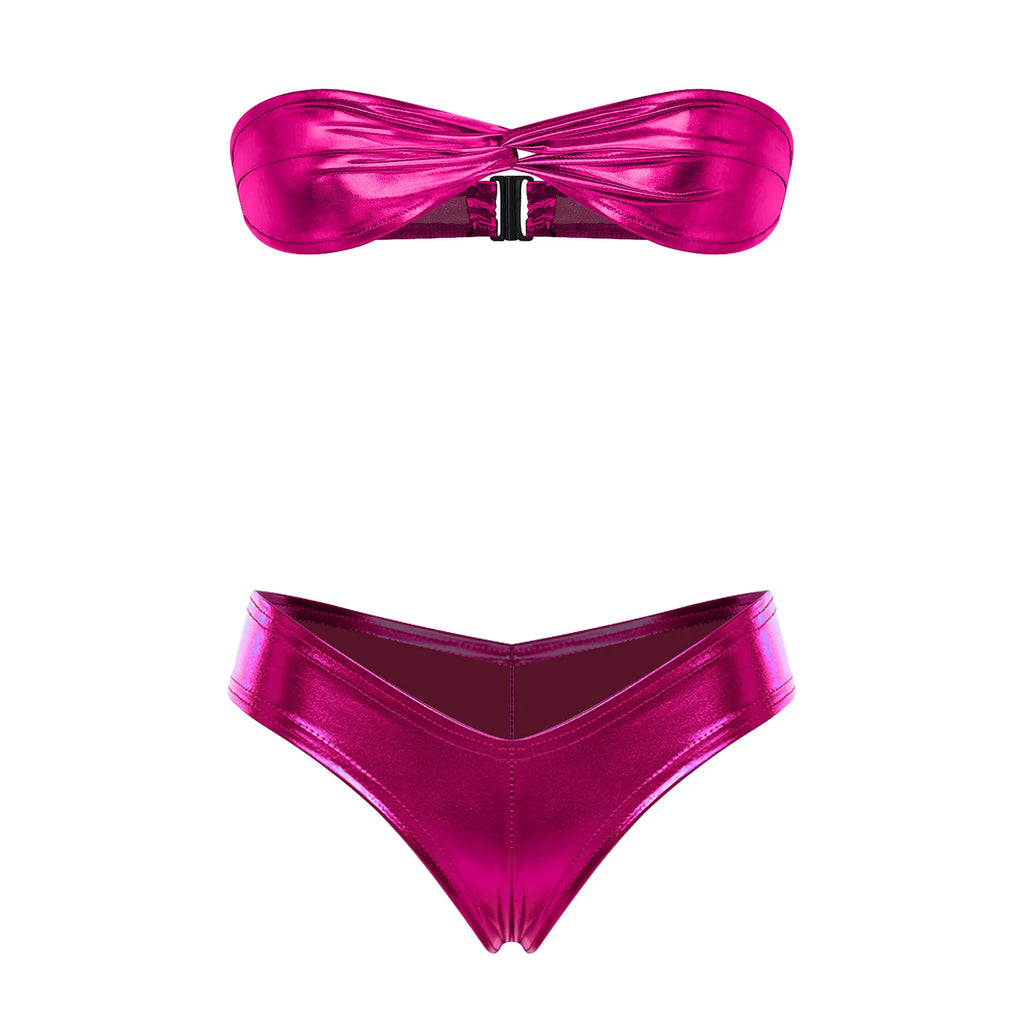 Women Metallic Shiny Micro Bikini Set Bathing Suit Strapless Bra Top with T-back Briefs Beach Pool Sunbathing Swimwear Beachwear