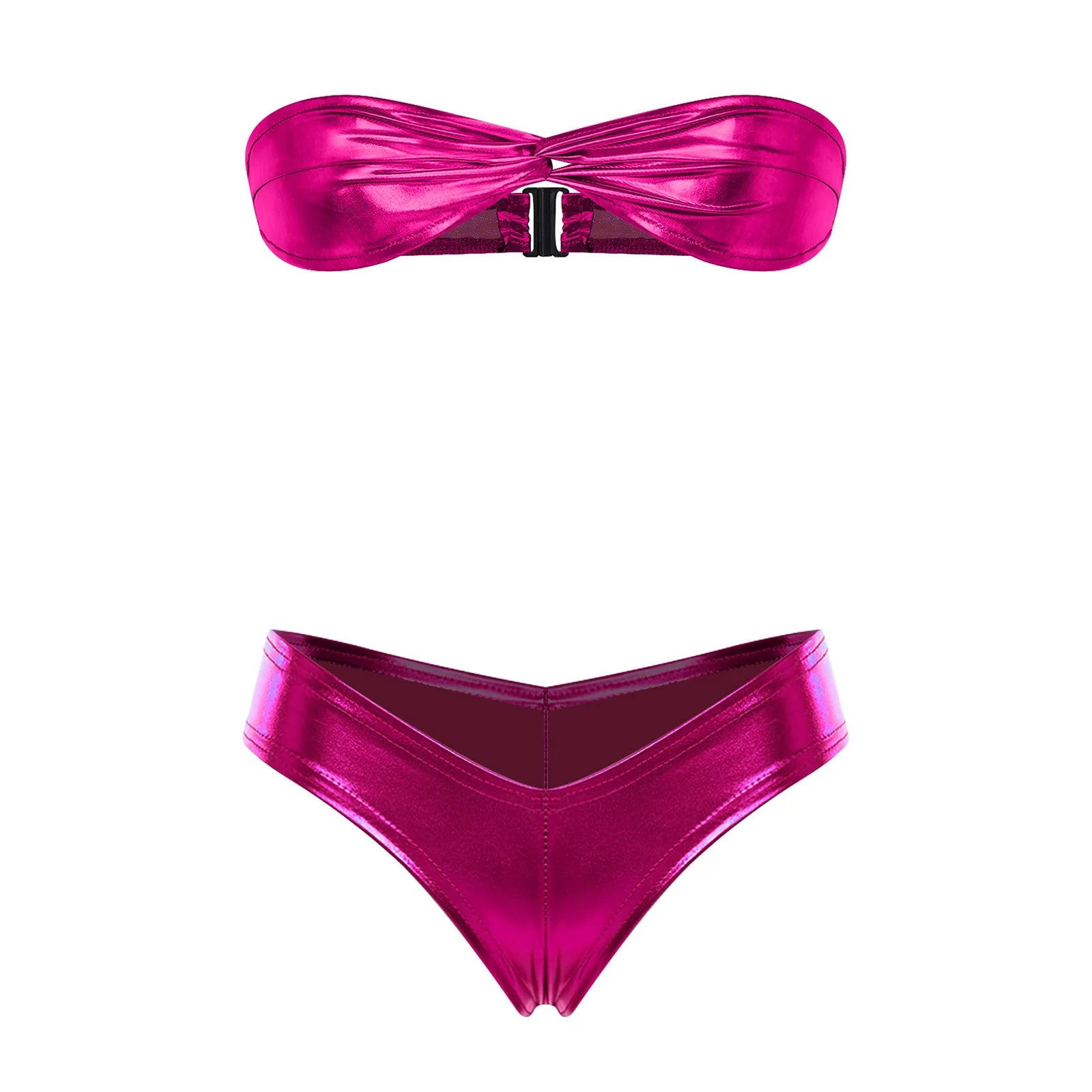 Women Metallic Shiny Micro Bikini Set Bathing Suit Strapless Bra Top with T-back Briefs Beach Pool Sunbathing Swimwear Beachwear