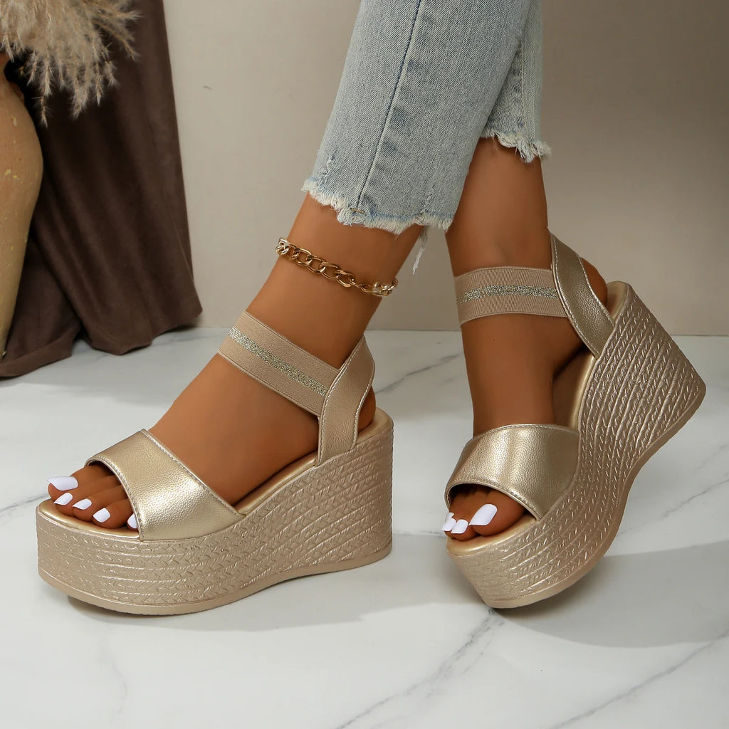Aphixta Wedge Sandals Peep Toe Elastic Band Shoes Woman Platform Fashion 9cm Golden Summer Super High Heel Shoes Female Sandal