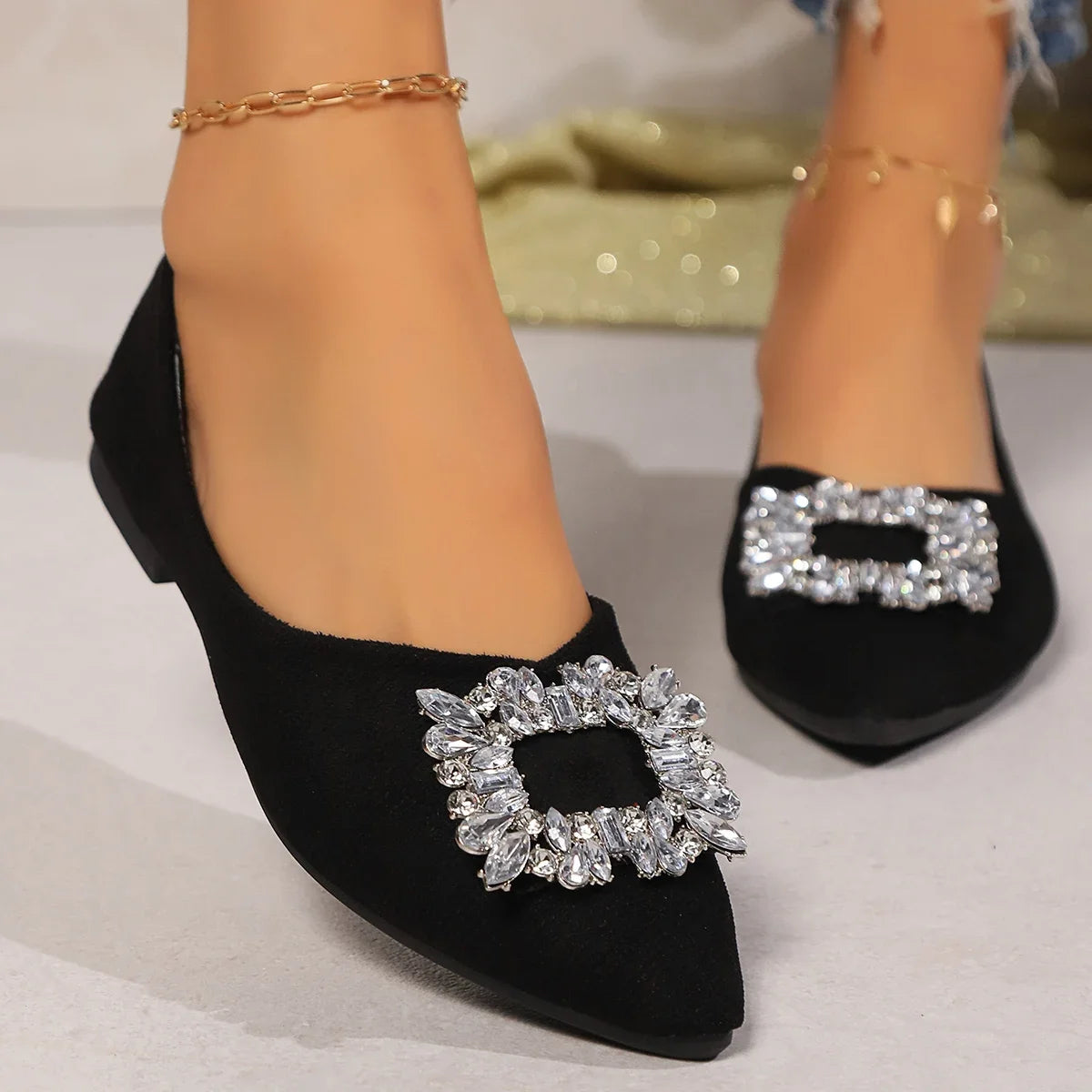 2024 New Spring and Autumn Flat Shoes Women's Shoes Pointed Diamond Metal Square Buckle Single Shoes