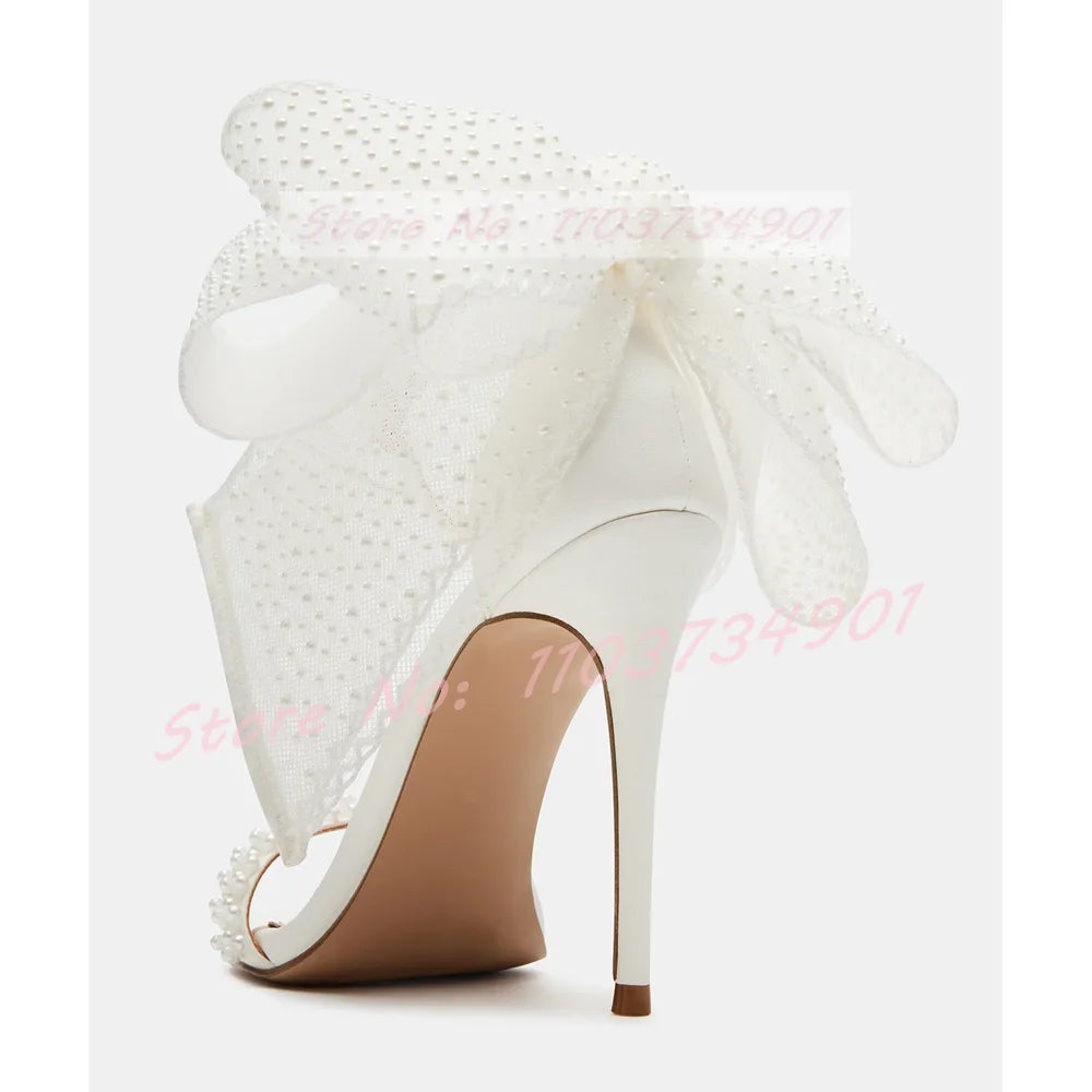 Big Butterfly-Knot Crystals Wedding Sandals Women Elegant Pearl Round Toe High Heels Shoes Lady Ankle Strap Party Trendy Sandals