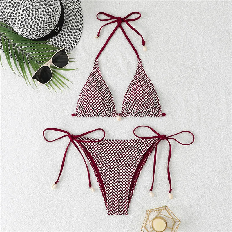 Sexy Vacation Beach Pool Mesh Strap Triangle Bikini Fashionable and Simple