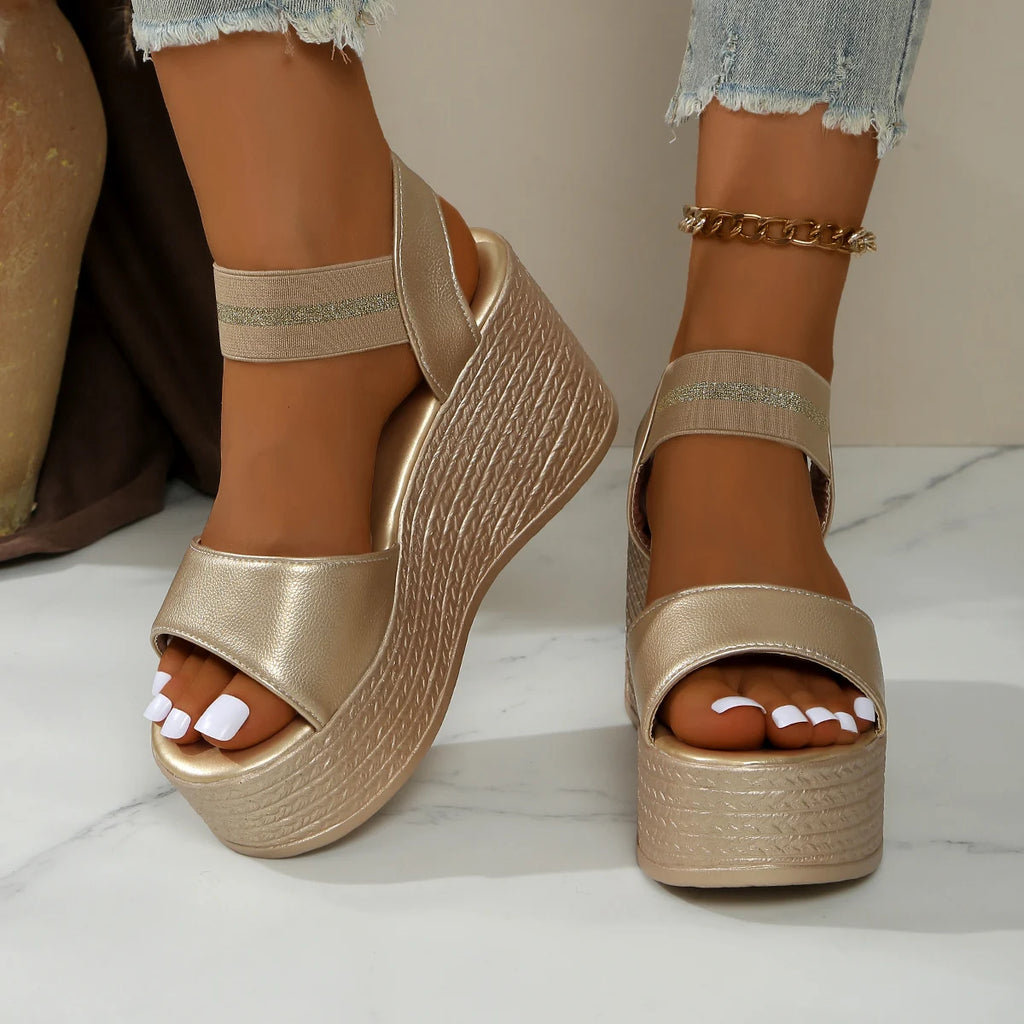 Aphixta Wedge Sandals Peep Toe Elastic Band Shoes Woman Platform Fashion 9cm Golden Summer Super High Heel Shoes Female Sandal