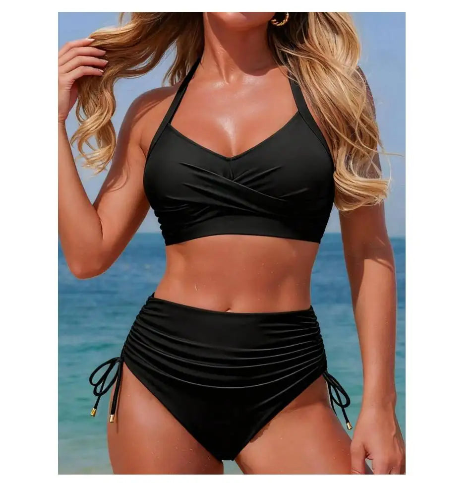 Cikini Sexy High Waist Criss-Cross Strap Bikini Set For Women, Metal Pendant Decor, Adjustable Drawstring