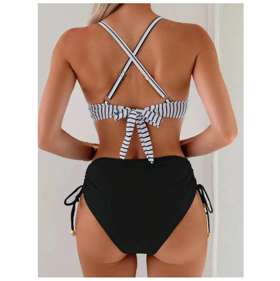 Cikini Sexy High Waist Criss-Cross Strap Bikini Set For Women, Metal Pendant Decor, Adjustable Drawstring