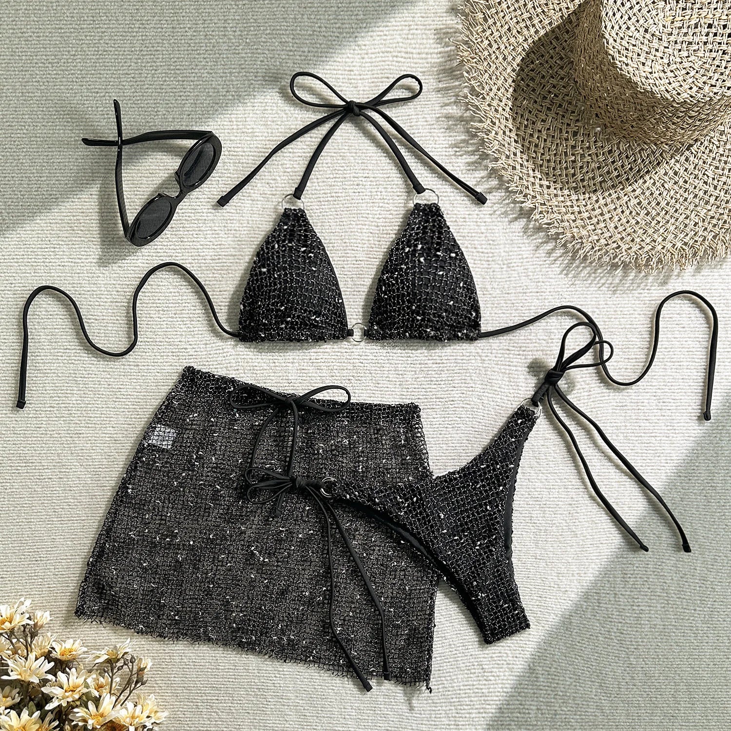 Circyy Swimsuit Women Women Neck-mounted Backless Split Swimsuit Mesh Three-piece Cover-Ups Wrap Skirt Lace Up Thong Summer 2025