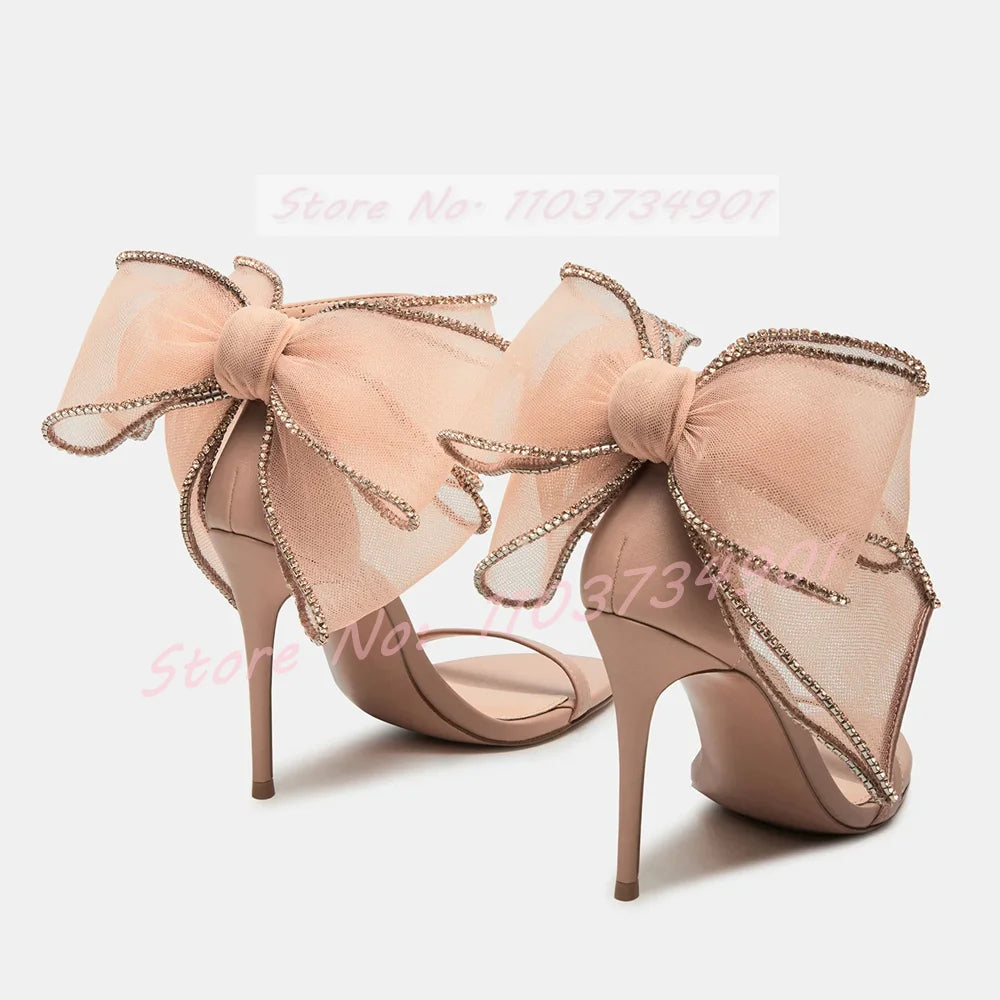 Big Butterfly-Knot Crystals Wedding Sandals Women Elegant Pearl Round Toe High Heels Shoes Lady Ankle Strap Party Trendy Sandals