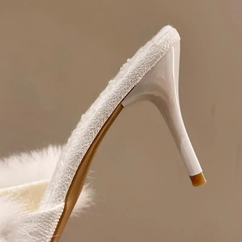 2024 Spring Faux Fur Mules Slippers Women Pointed Toe Slip-On Thin Heels Sandals Woman Short Plush Lined Closed Toe Slides Shoes