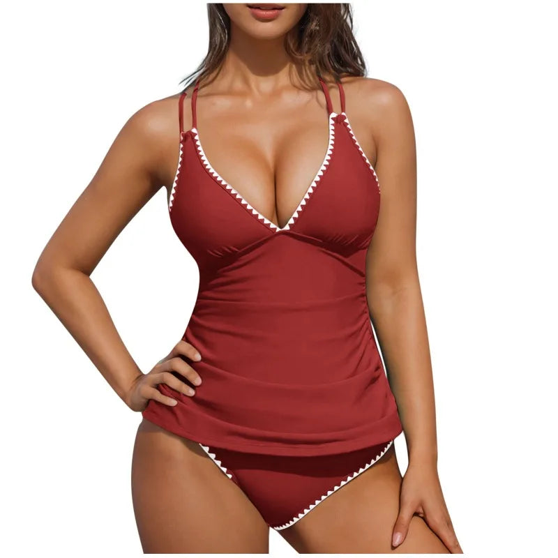 Women Tankini Swimsuit Color Block Tummy Control V Neck Push Up Top High Waisted Swim Bottom 2026 Summer Two Piece Bathing Suit