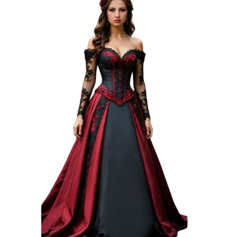 Off Shoulder Long Sleeves Gothic Wedding Dress Dark Red And Black Lace Appliques A-Line Vintage Bridal Gown Customized 2026