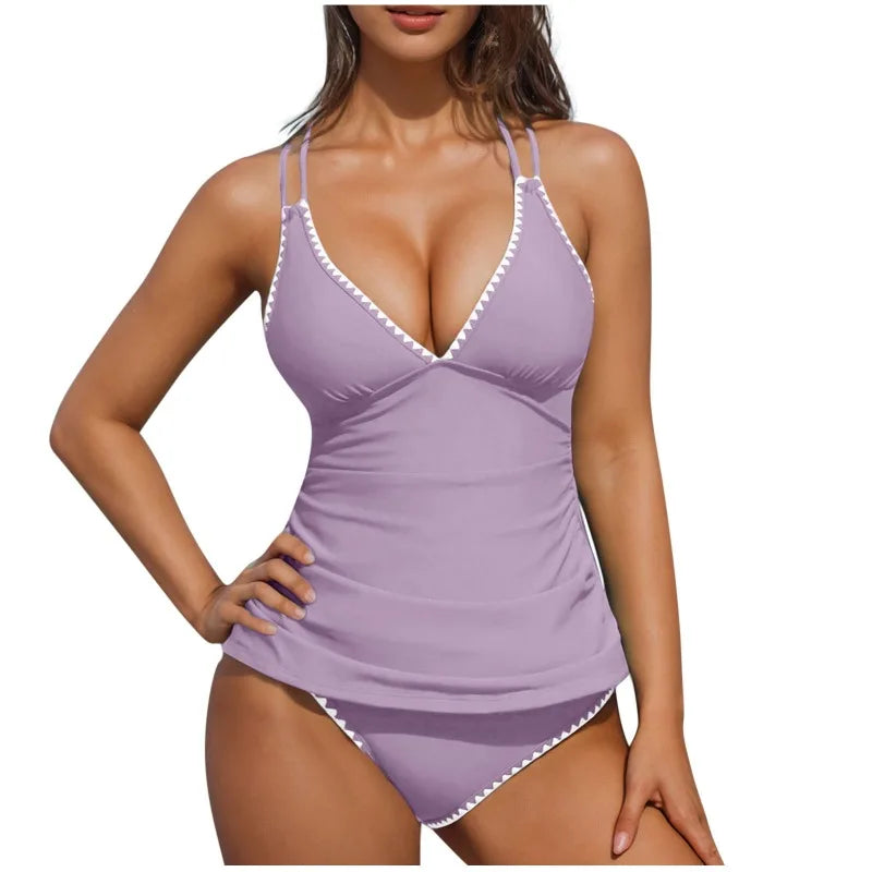 Women Tankini Swimsuit Color Block Tummy Control V Neck Push Up Top High Waisted Swim Bottom 2026 Summer Two Piece Bathing Suit