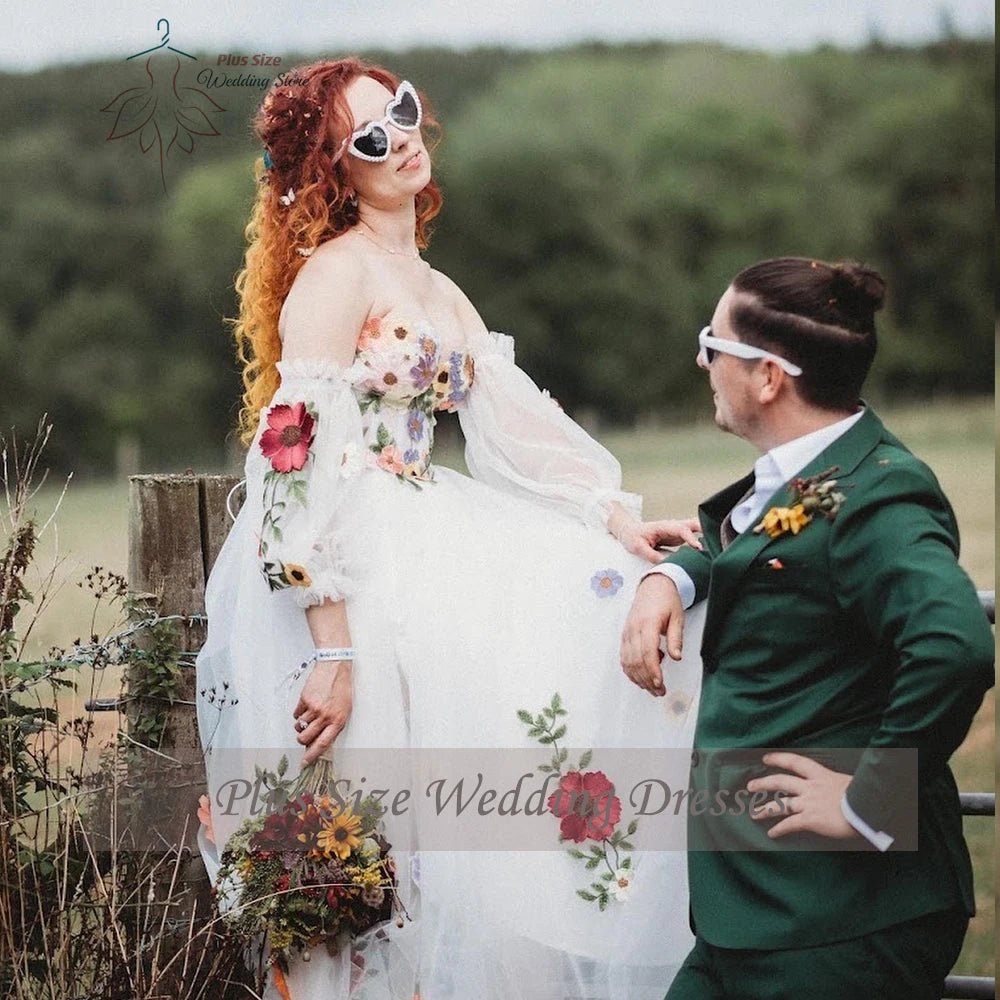 Customized Flowers Wedding Dresses Plus Size Sweetheart Neck Puff Sleeves Bride Gowns Floor Length Tulle A-Line Vestido De Noiva
