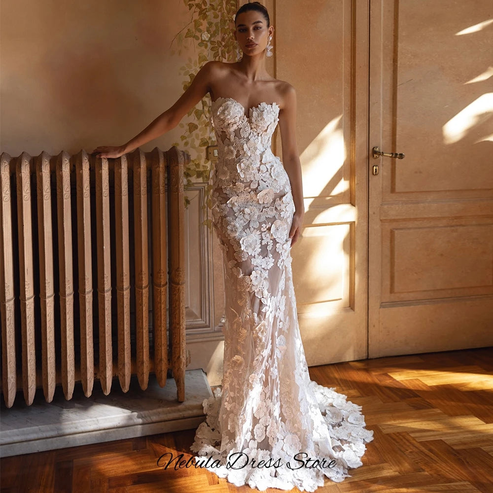 Charming Handmade Flowers and Pearls Robe de mariée Elegant Mermaid Sleeveless Wedding Dress Classic Tulle Sequined Bridal Gowns