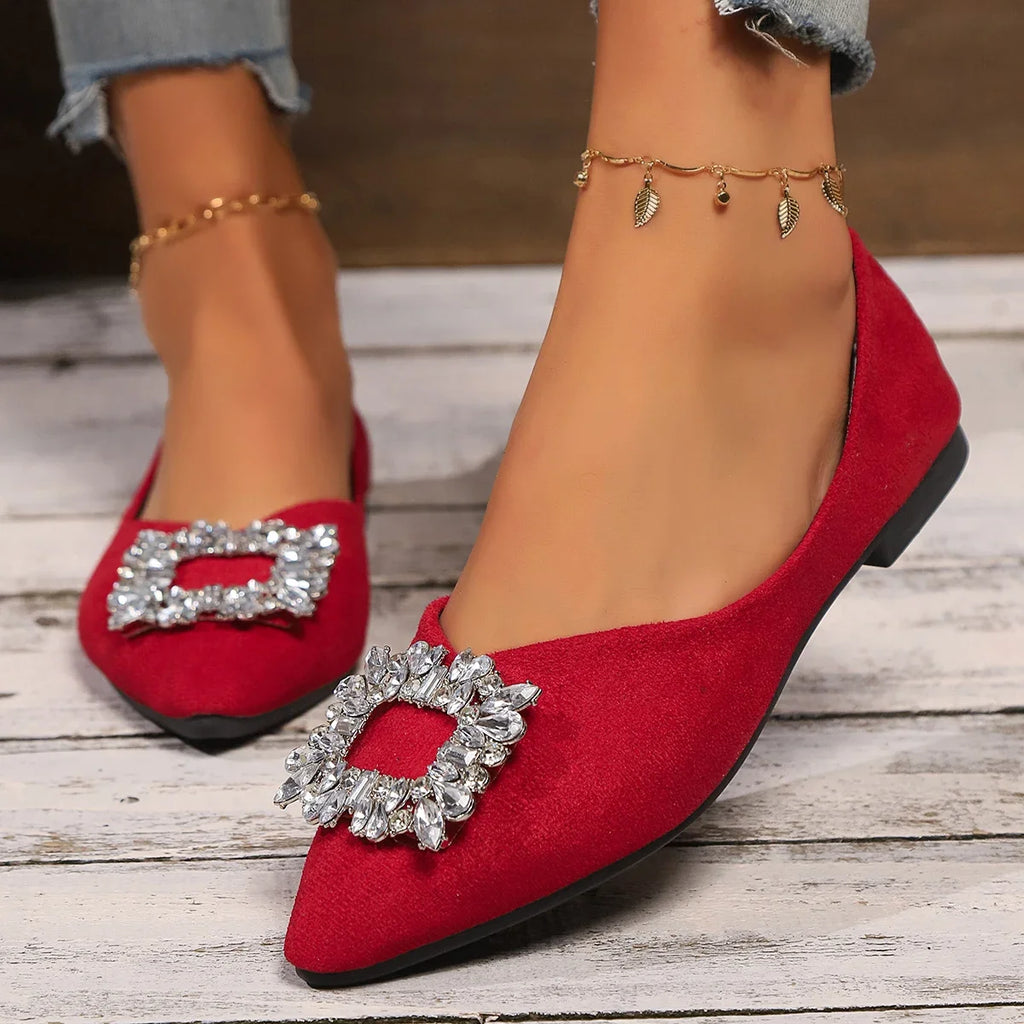 2024 New Spring and Autumn Flat Shoes Women's Shoes Pointed Diamond Metal Square Buckle Single Shoes