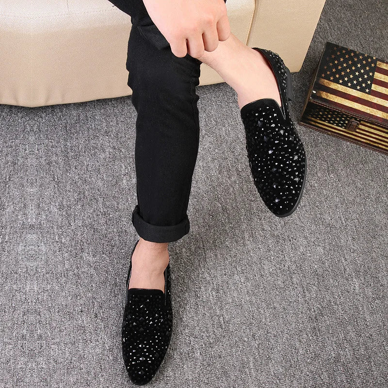 Black Luxury Men Dress Shoes Designer Spikes Loafers Shoes Denim Metal Sequins Footwear High Quality Casual Men Leather Shoes
