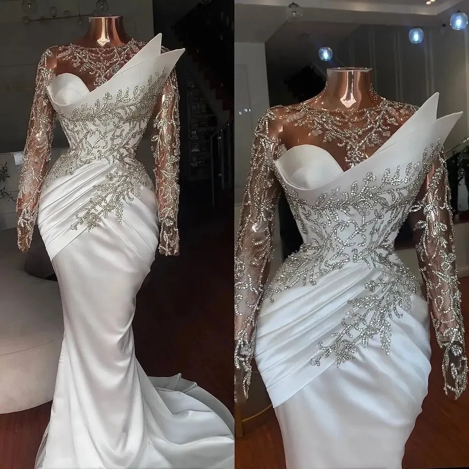 Satin African Wedding Dresses 2025 Luxury Bride Mermaid Rhinestone Crystal Beads Long Sleeves Dubai Bridal Gown Customized