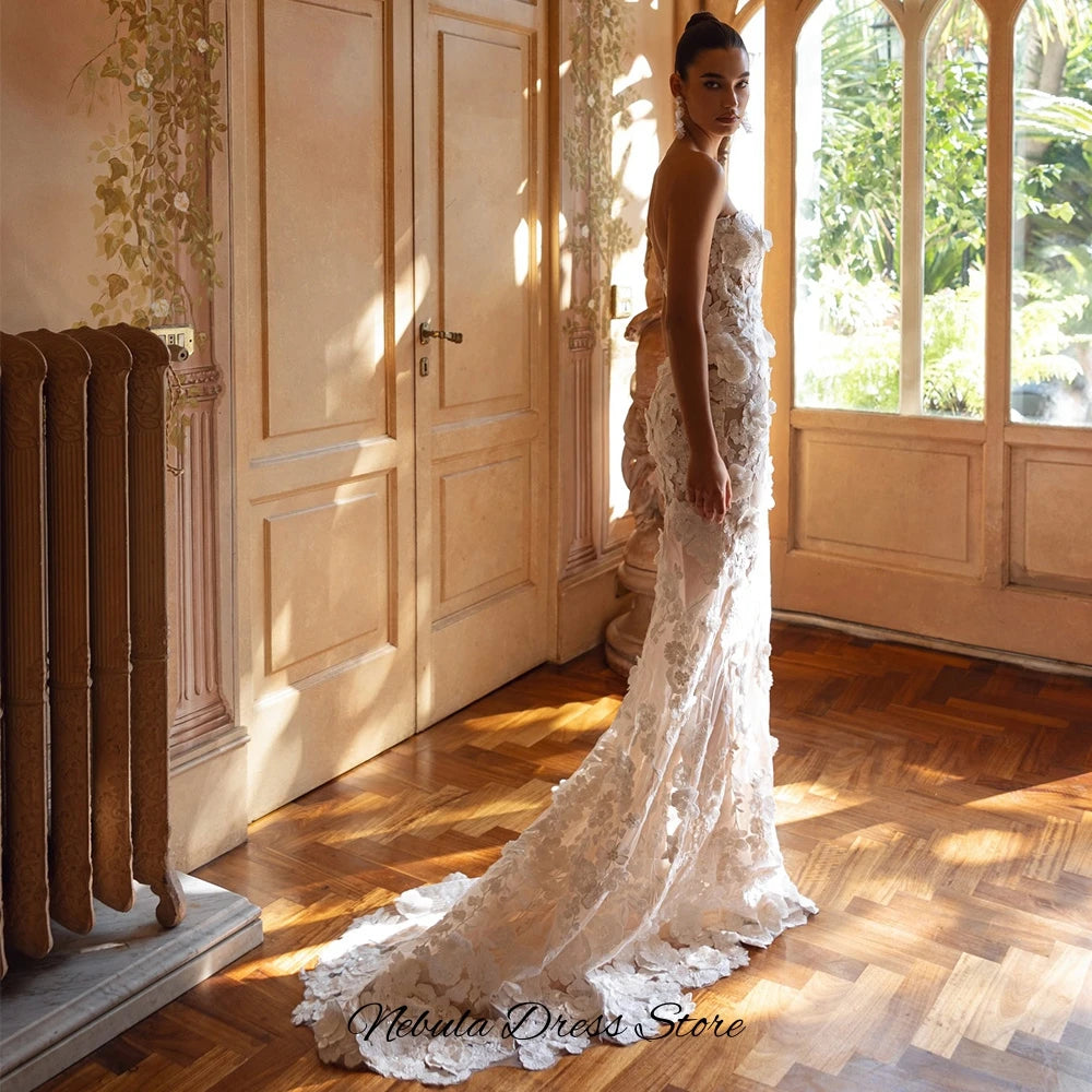Charming Handmade Flowers and Pearls Robe de mariée Elegant Mermaid Sleeveless Wedding Dress Classic Tulle Sequined Bridal Gowns