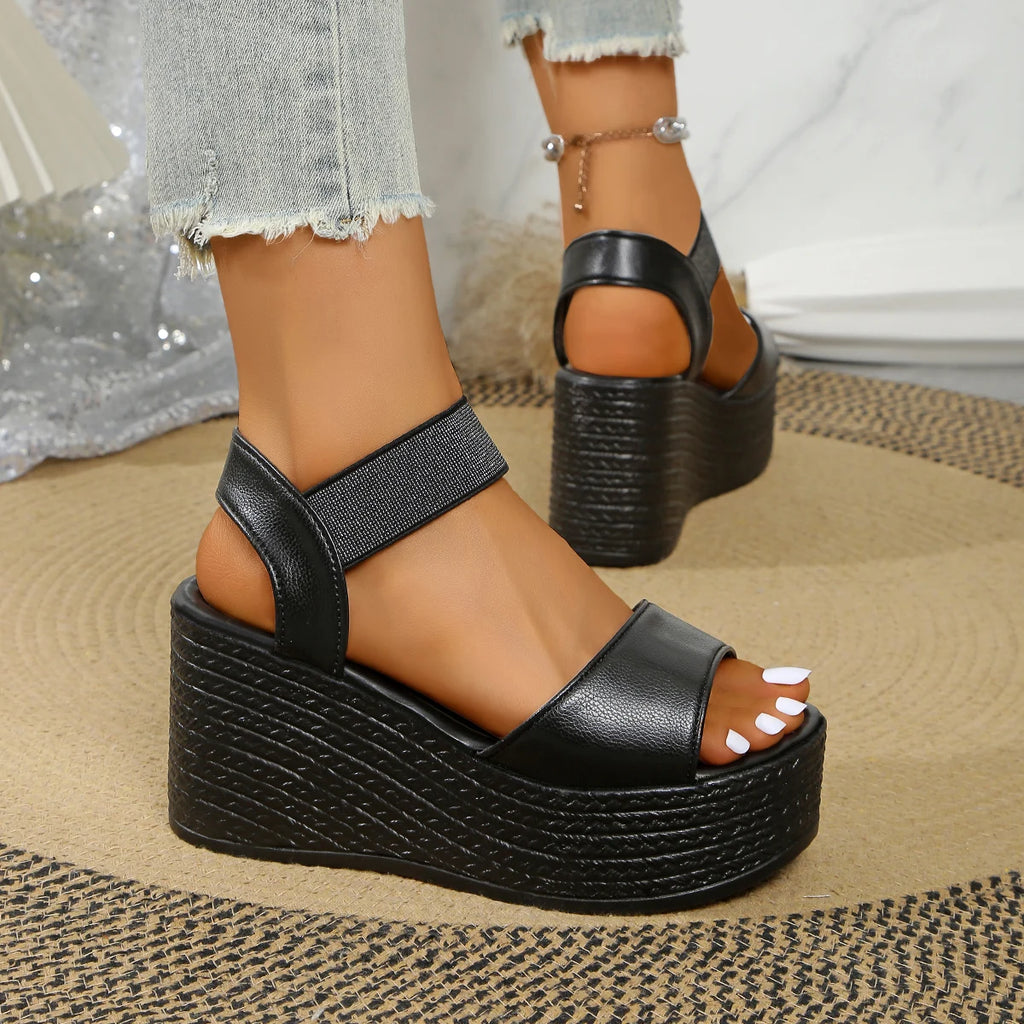 Aphixta Wedge Sandals Peep Toe Elastic Band Shoes Woman Platform Fashion 9cm Golden Summer Super High Heel Shoes Female Sandal