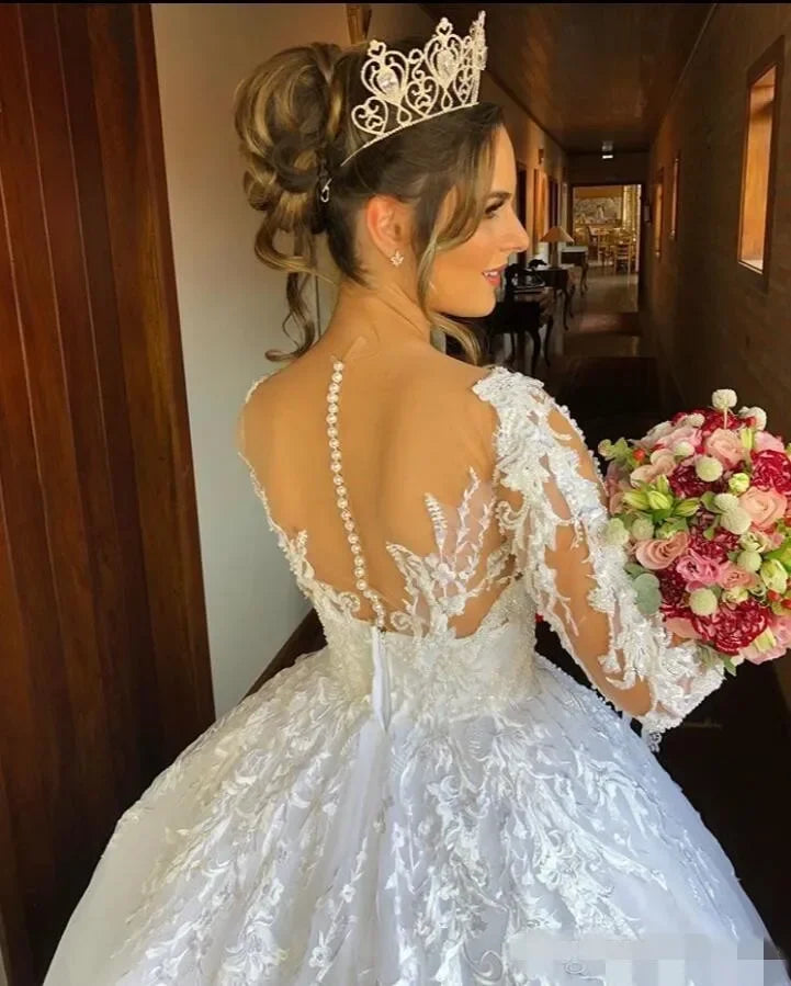 Luxury Long Wedding dress Transparent neck pearl lace long sleeve sweep train bridal dress new custom Vestido De Noiva 2024