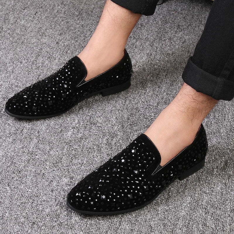 Black Luxury Men Dress Shoes Designer Spikes Loafers Shoes Denim Metal Sequins Footwear High Quality Casual Men Leather Shoes
