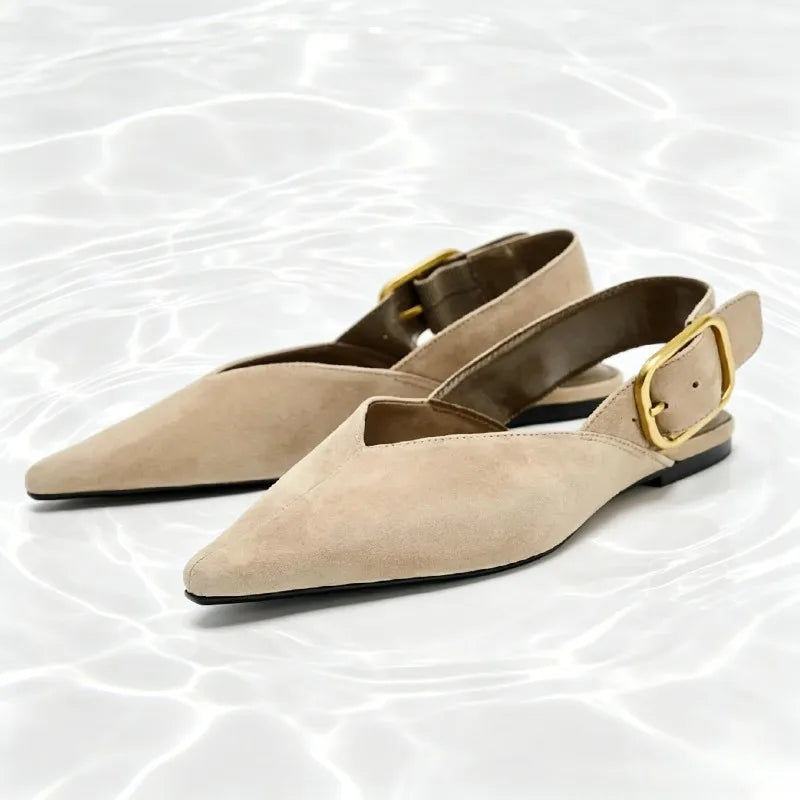 Fashion Back Strap Metal Buckle Flat Pumps Women Retro Brown Faux Suede Pointed Toe Slingback Loafers Comfortable Women Shoes
