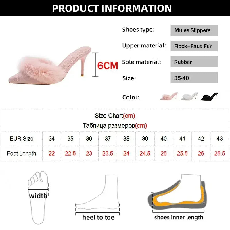2024 Spring Faux Fur Mules Slippers Women Pointed Toe Slip-On Thin Heels Sandals Woman Short Plush Lined Closed Toe Slides Shoes