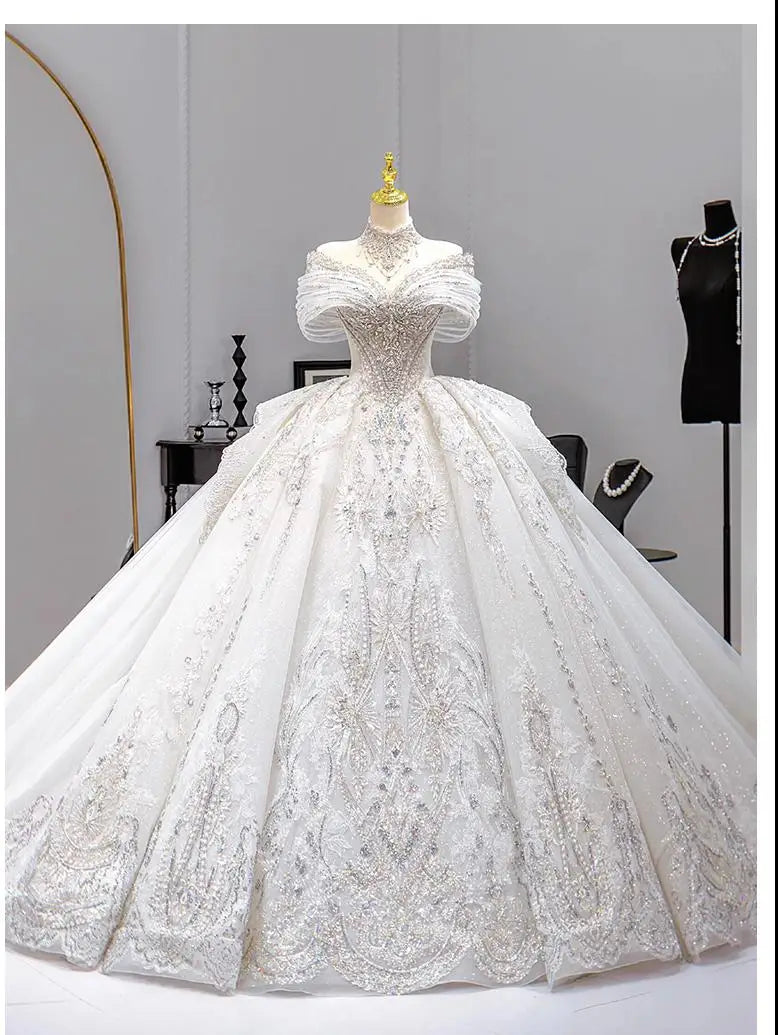 French Wedding Dress Heavy Industry Beaded Bride High-end Starry Sky Texture Small Main Veil Light Luxury Customized