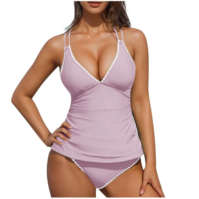 Women Tankini Swimsuit Color Block Tummy Control V Neck Push Up Top High Waisted Swim Bottom 2026 Summer Two Piece Bathing Suit