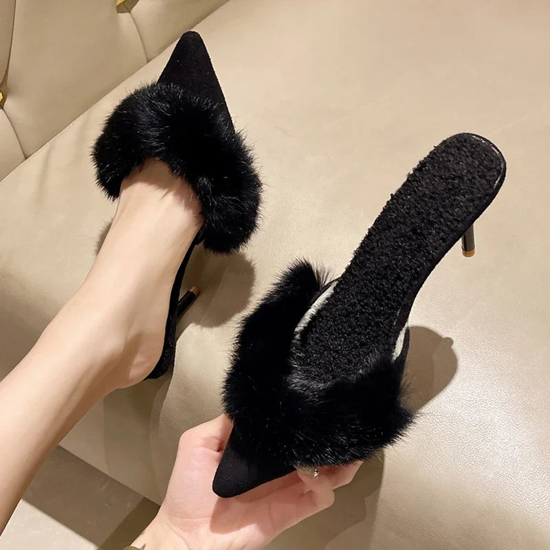 2024 Spring Faux Fur Mules Slippers Women Pointed Toe Slip-On Thin Heels Sandals Woman Short Plush Lined Closed Toe Slides Shoes