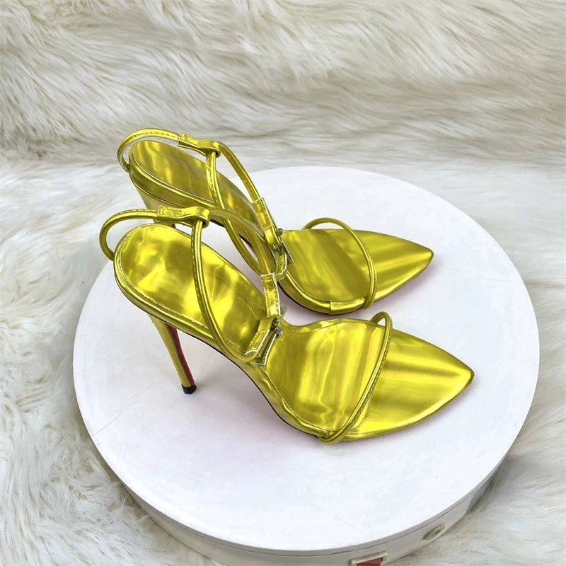 2025 Summer New Laser Purple Fashion Ultra fine One line Buckle with Thin Heels Sandals Sexy Fashion Large Size